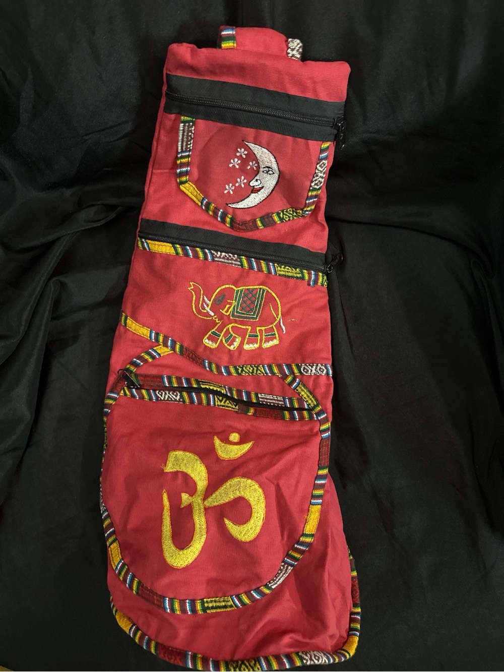 Red Embroidered Boho Multi-Pocket Bag with Moon, Elephant & Om